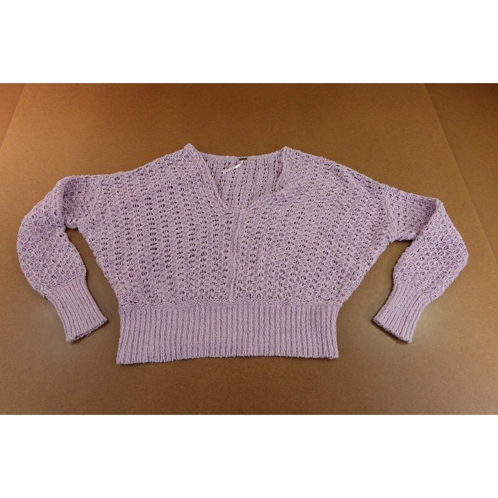 Free People Womens Large Lavender Ribbed Hem V-Neck Crochet Pullover Sweater